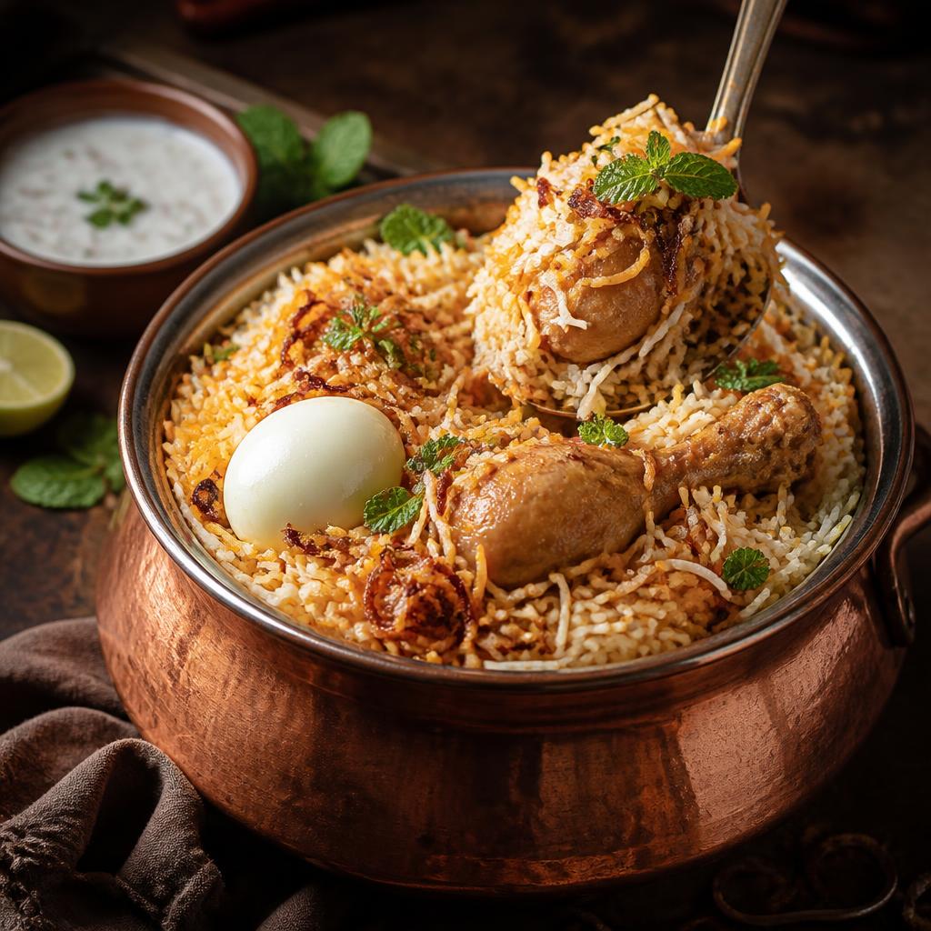 Chicken biryani in a copper handi with fried onions and mint