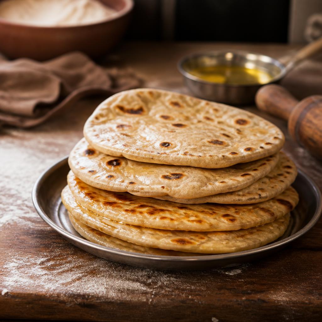 Stack of fresh tandoori rotis and buttery parathas