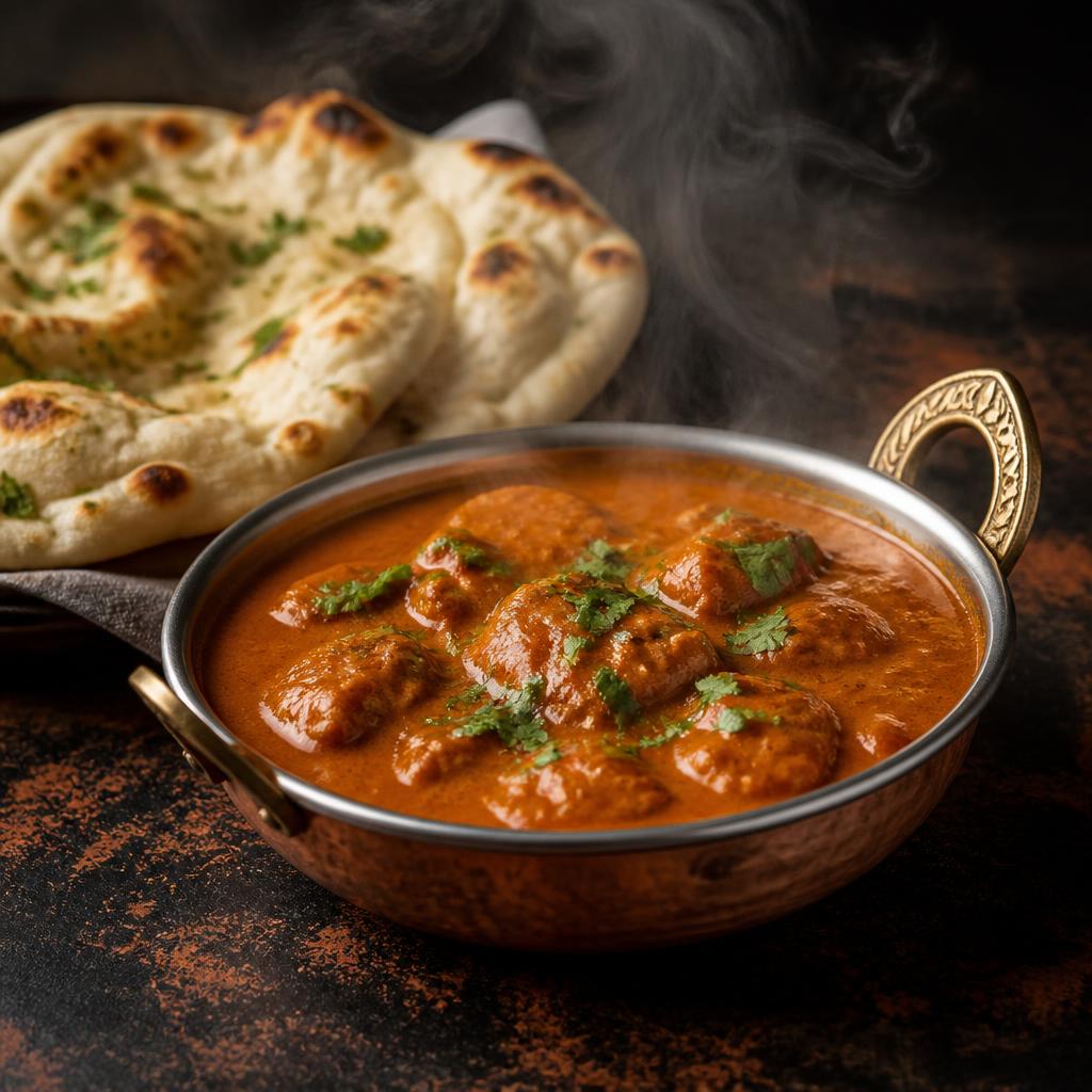 Butter chicken in a copper karahi served with fresh naan
