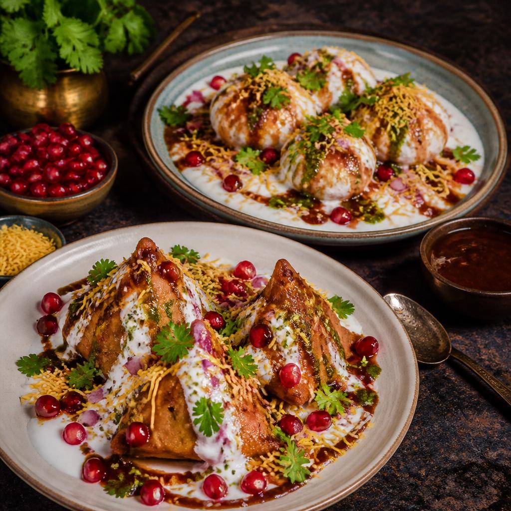 Samosa chaat and dahi bhalle platter with chutneys