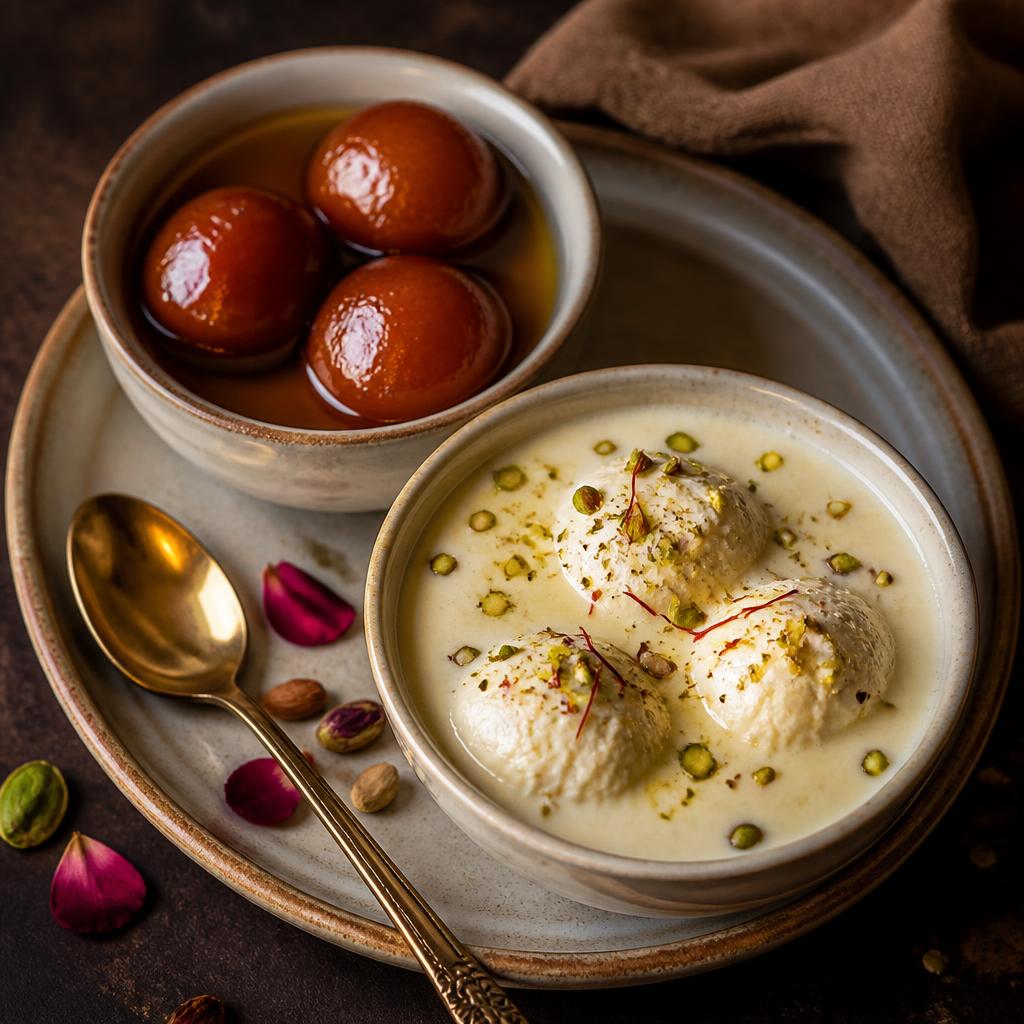Warm gulab jamun in syrup beside ras malai