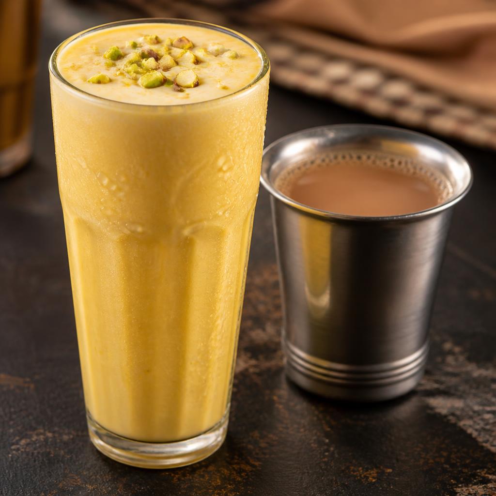 Mango lassi in a tall glass beside a steel cup of masala chai
