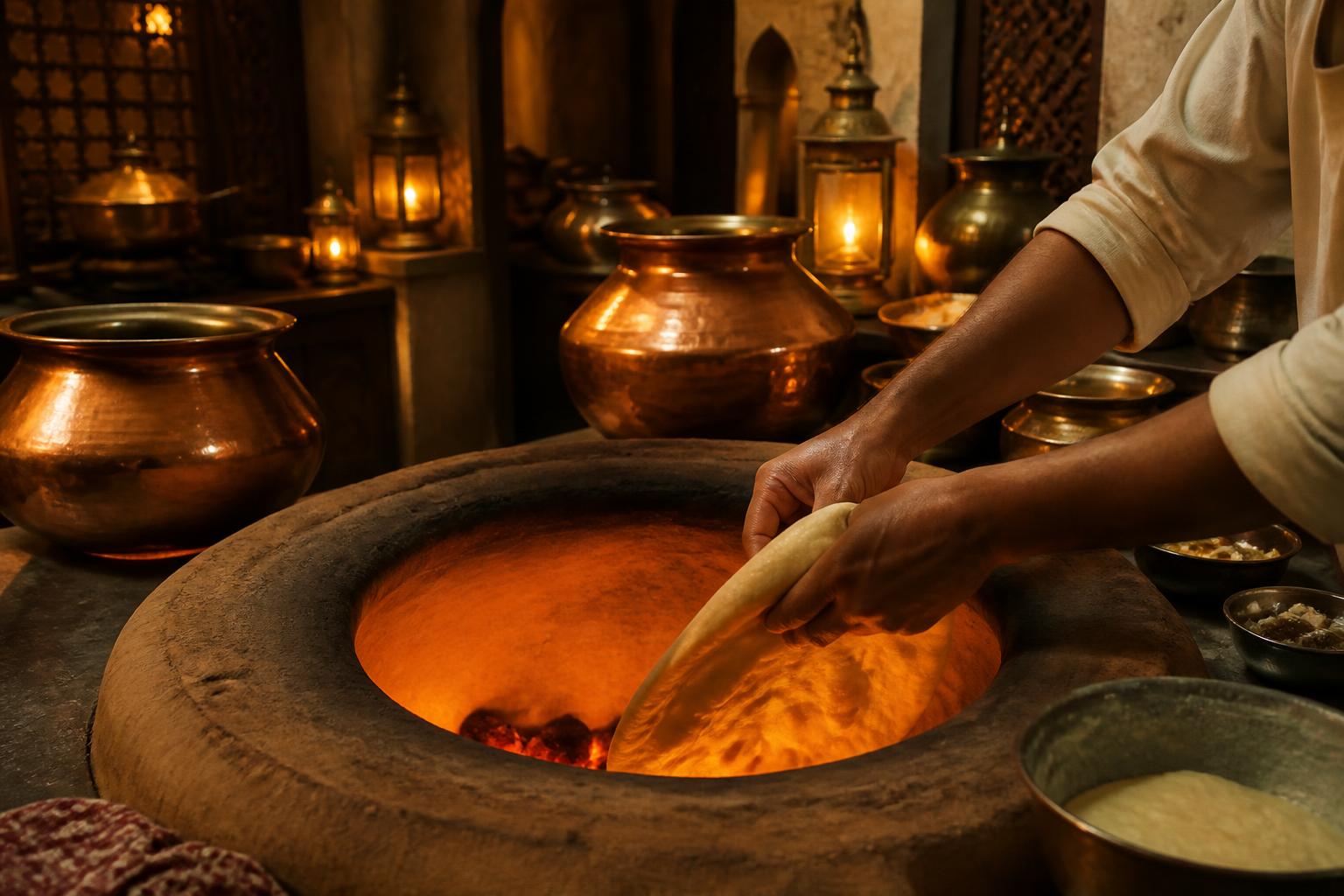 Chef lowering naan into a glowing clay tandoor in the Desi Hood kitchen