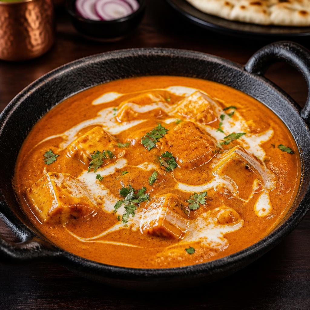 Shahi paneer curry with cream swirl in a cast iron bowl
