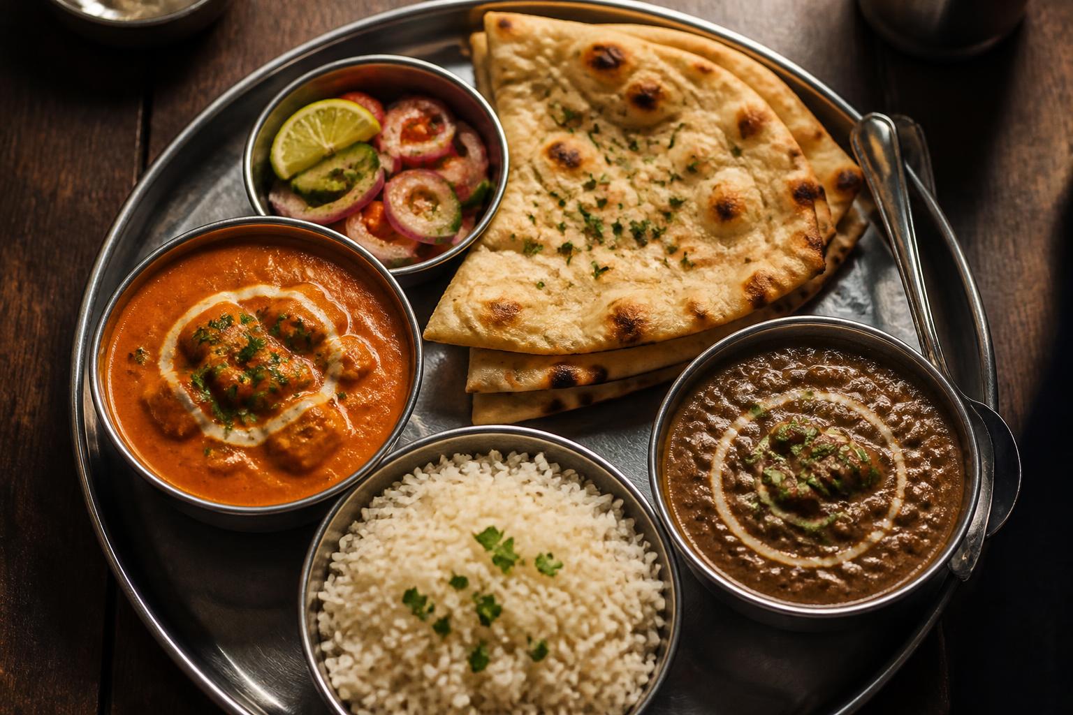 Punjabi thali with butter chicken, daal makhni, basmati rice, naan and salad